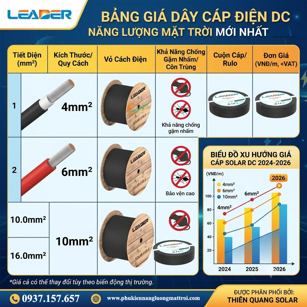 Bảng giá dây cáp điện solar DC năng lượng mặt trời mới nhất 2026